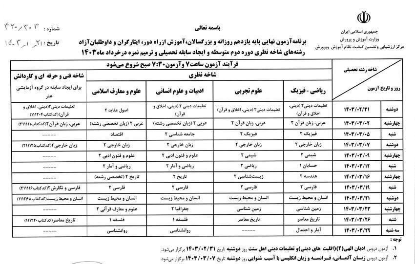 تاریخ امتحانات نهایی خرداد 1403 + جزئیات