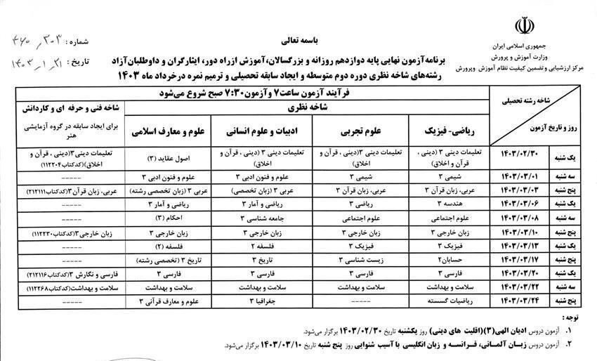 تاریخ امتحانات نهایی خرداد 1403 + جزئیات