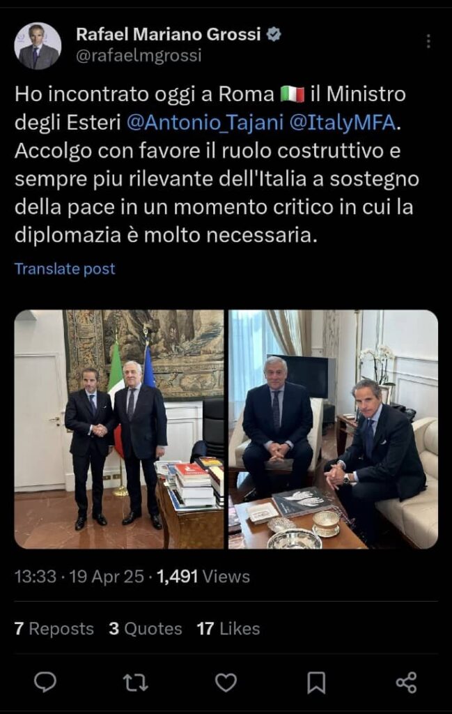 جلسات گروسی با وزیر امور خارجه ایتالیا قبل از شروع مذاکرات تهران واشنگتن در رم