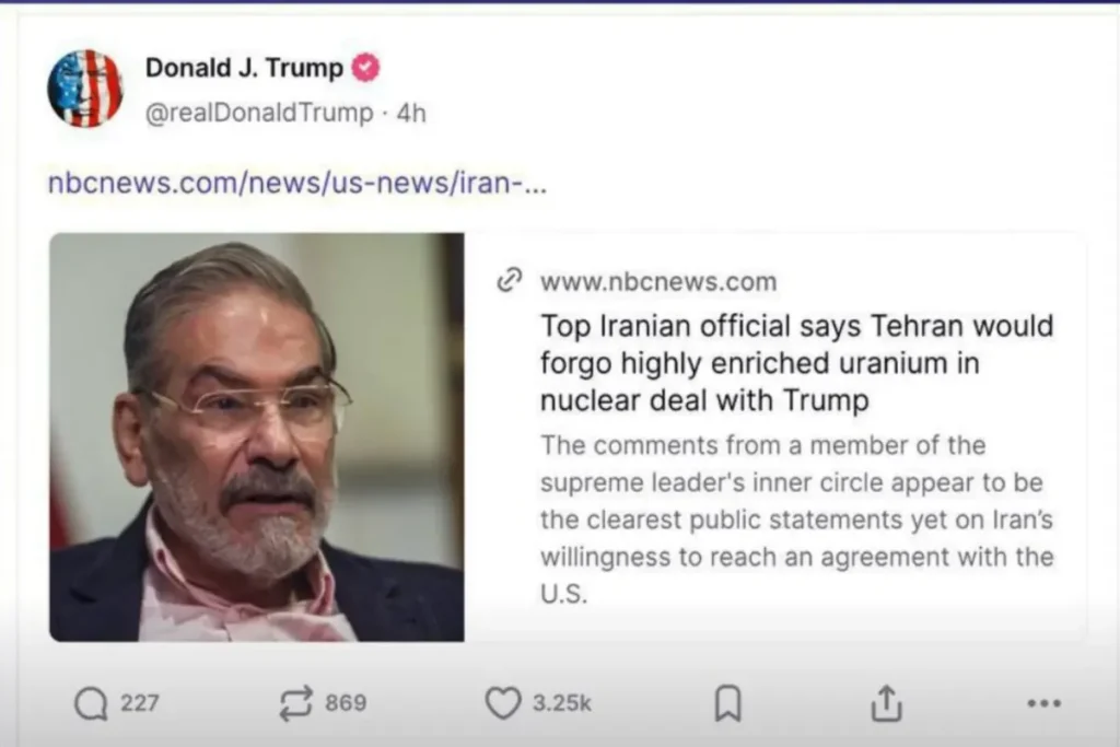 ترامپ مصاحبه شمخانی در مورد توافق با آمریکا را در صفحه خود در شبکه اجتماعی «تروث» پست کرد