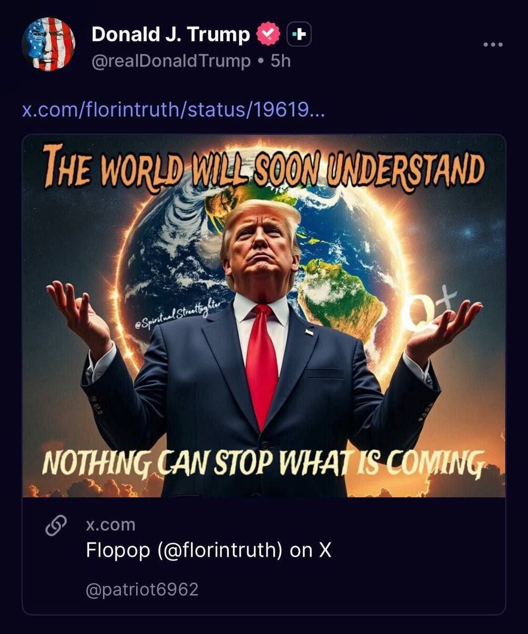 توییت جدید ترامپ: جهان به زودی درک خواهد کرد. هیچ چیز نمی تواند جلوی آنچه اتفاق می افتد را متوقف کند توییت جدید ترامپ: جهان به زودی درک خواهد کرد. هیچ چیز نمی تواند جلوی آنچه اتفاق می افتد را متوقف کند