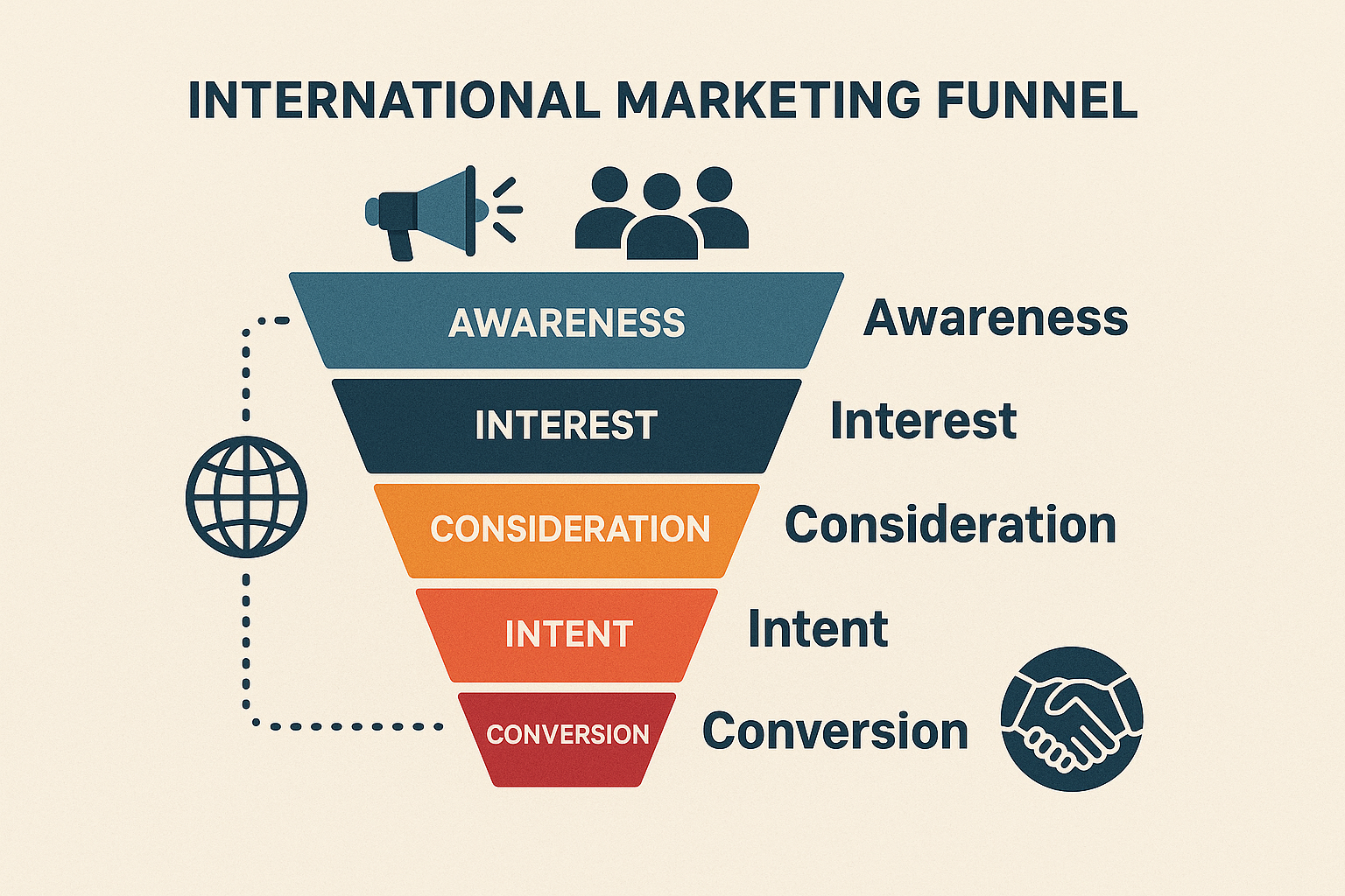 اینفوگرافیک قیف بازاریابی بین‌المللی از آگاهی تا عقد قرارداد