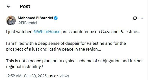 البارادی: پیشنهاد ترامپ یک برنامه تسلیم است ، نه صلح البارادی: پیشنهاد ترامپ یک برنامه تسلیم است ، نه صلح