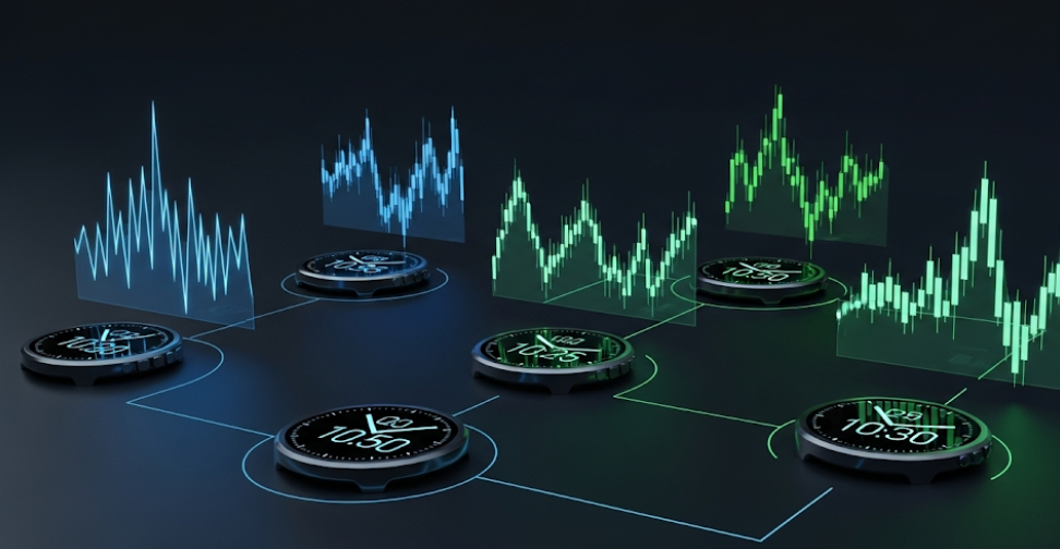 تصویری از چندین ساعت دیجیتال که بر روی آن ها نمودار ارزهای دیجیتال وجود دارد.