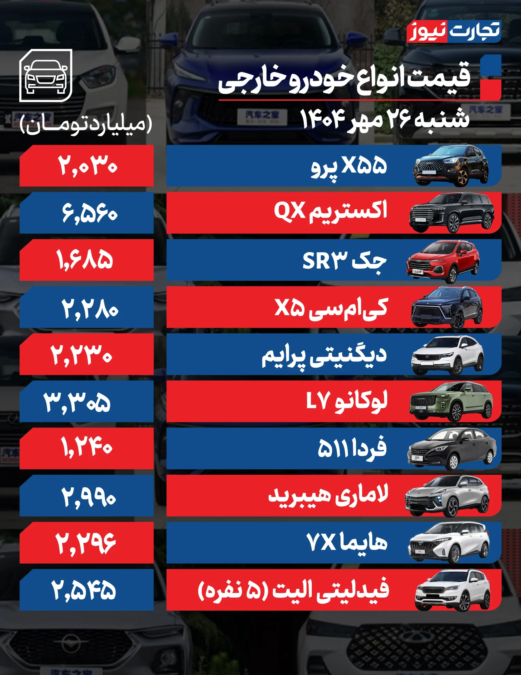 قیمت ماشین 26 مهر 1404