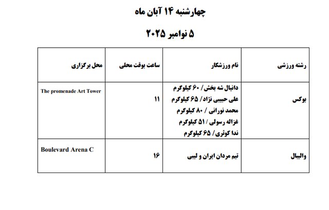 برنامه مسابقات ایران در بازی های کشورهای اسلامی