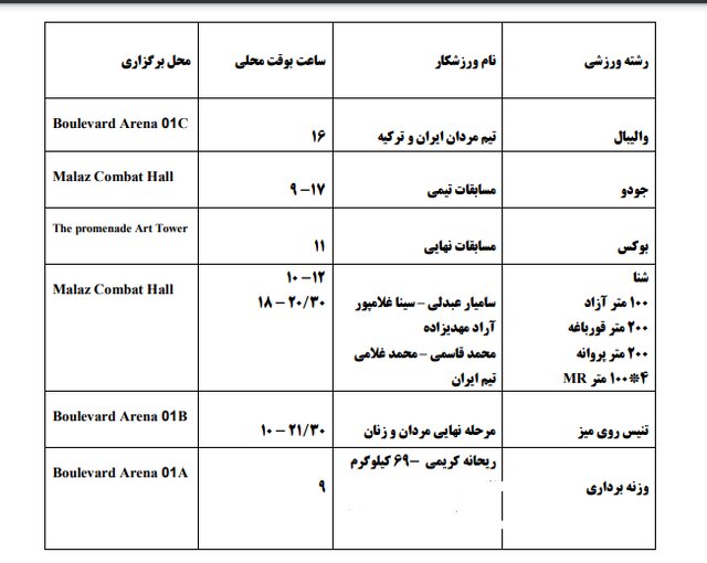 برنامه مسابقات ایران در بازی های کشورهای اسلامی