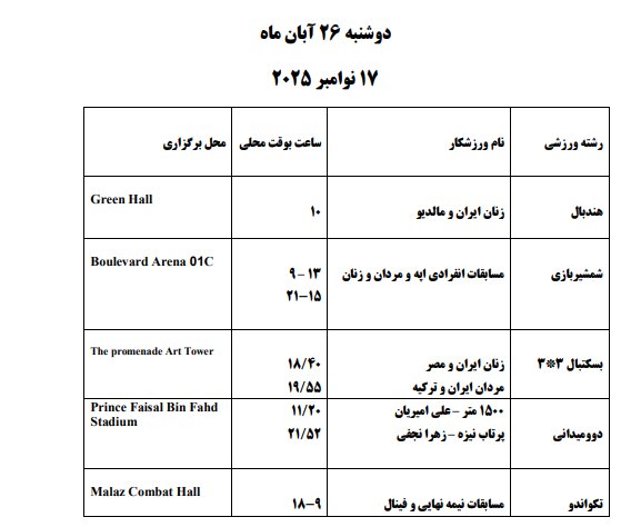 برنامه مسابقات ایران در بازی های کشورهای اسلامی
