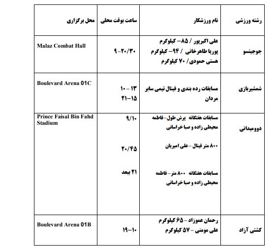 برنامه مسابقات ایران در بازی های کشورهای اسلامی