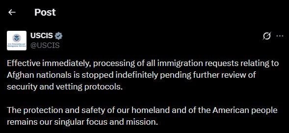 آمریکا بررسی درخواست‌های مهاجرت برای اتباع افغانستان را متوقف کرد