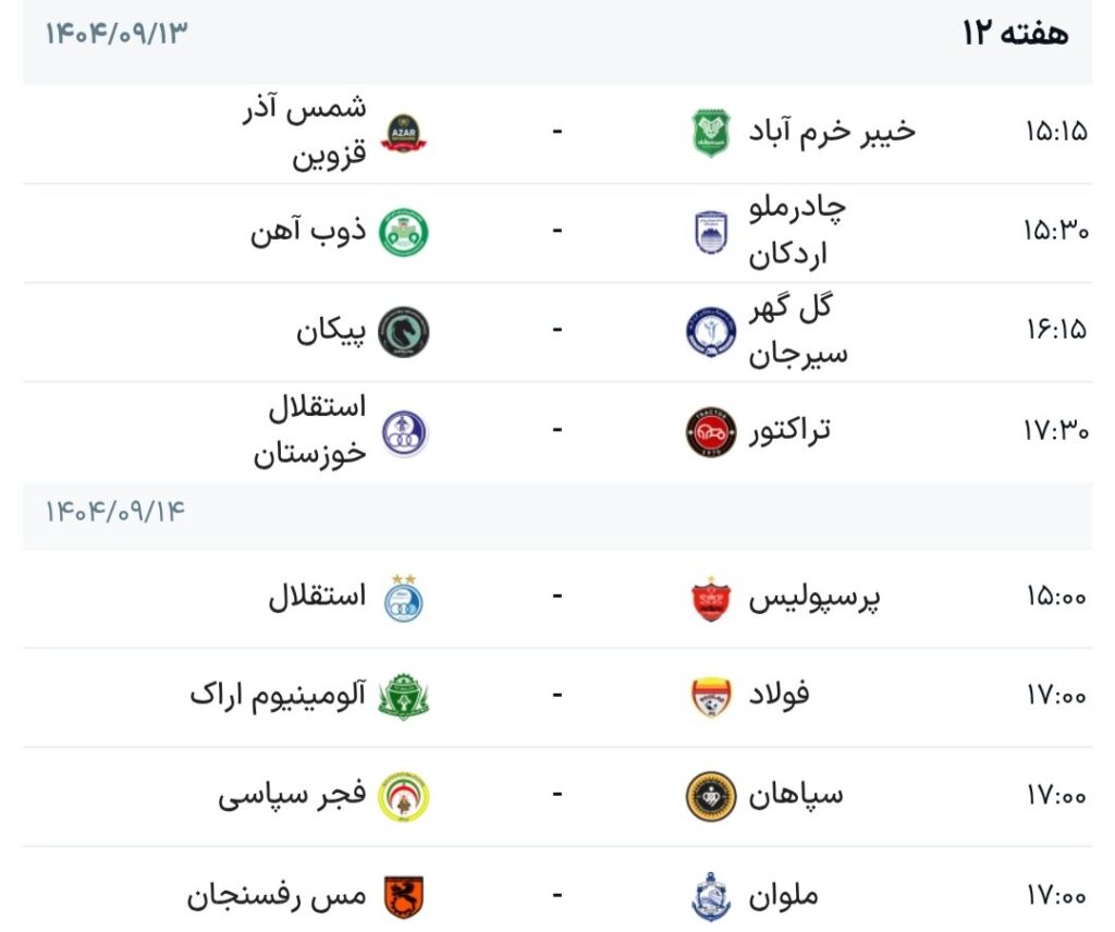 برنامه هفته دوازدهم لیگ برتر + جدول