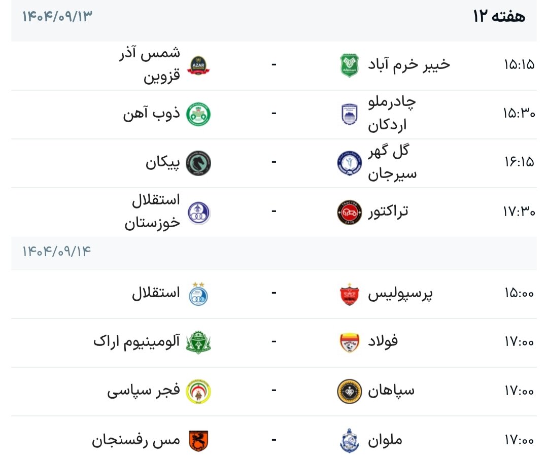 برنامه هفته دوازدهم لیگ برتر + جدول