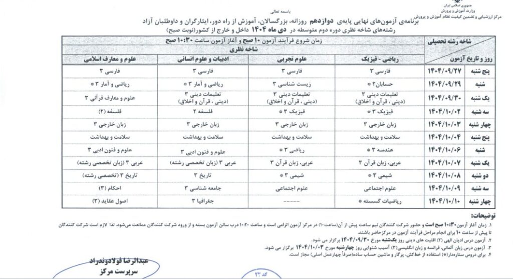 برنامه امتحانات نهایی آذرماه دانش آموزان اعلام شد
