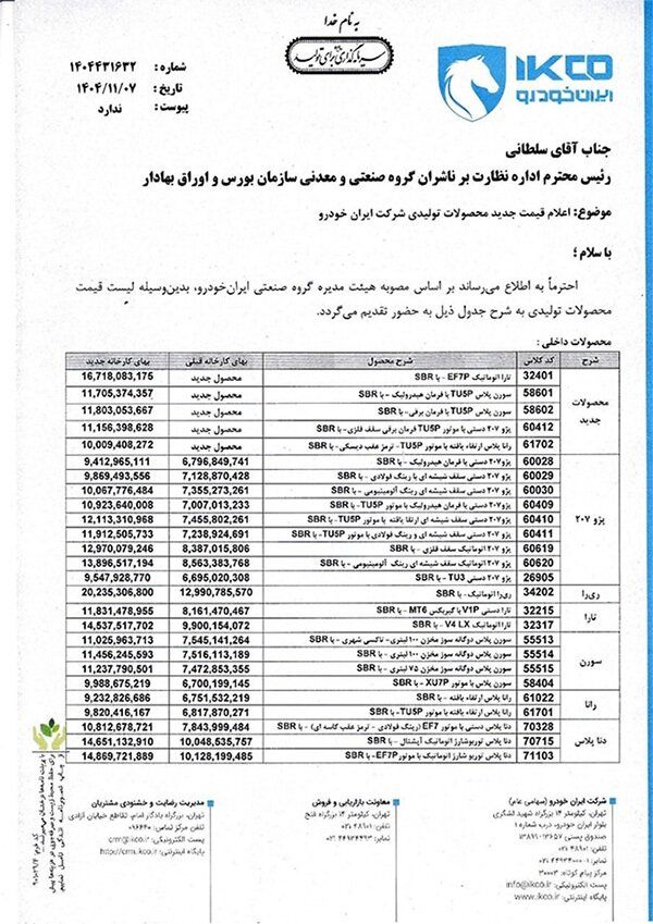 این خودرو رسما 800 میلیون تومان گران شد/ قیمت جدید خودروها اعلام شد + جدول افزایش قیمت