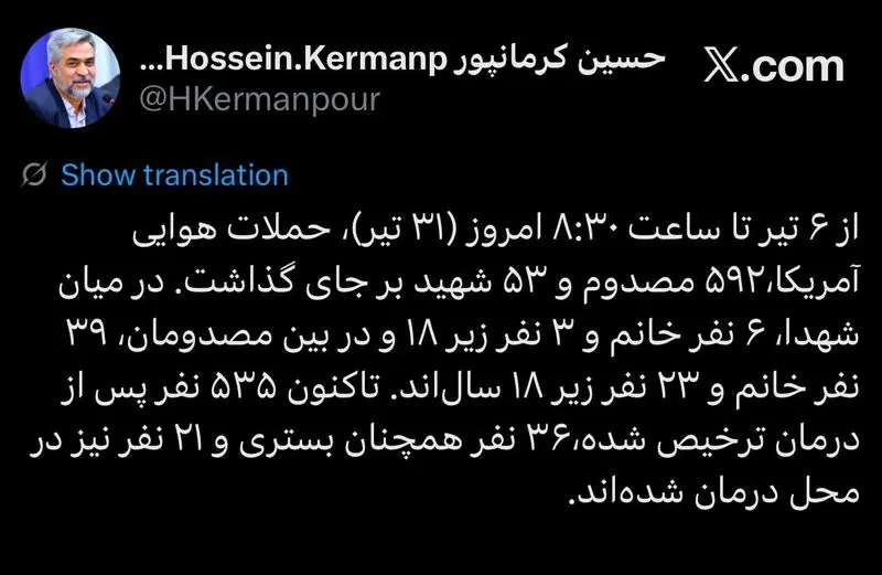 تعداد شهدا تا 31 تیر